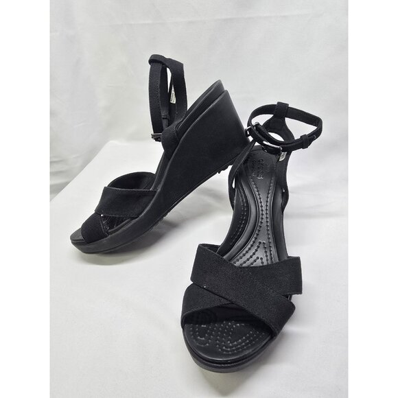 Crocs Leigh II Cross Strap Strappy Ankle Wedge Sandals Black Women’s Size 9 - Picture 1 of 16